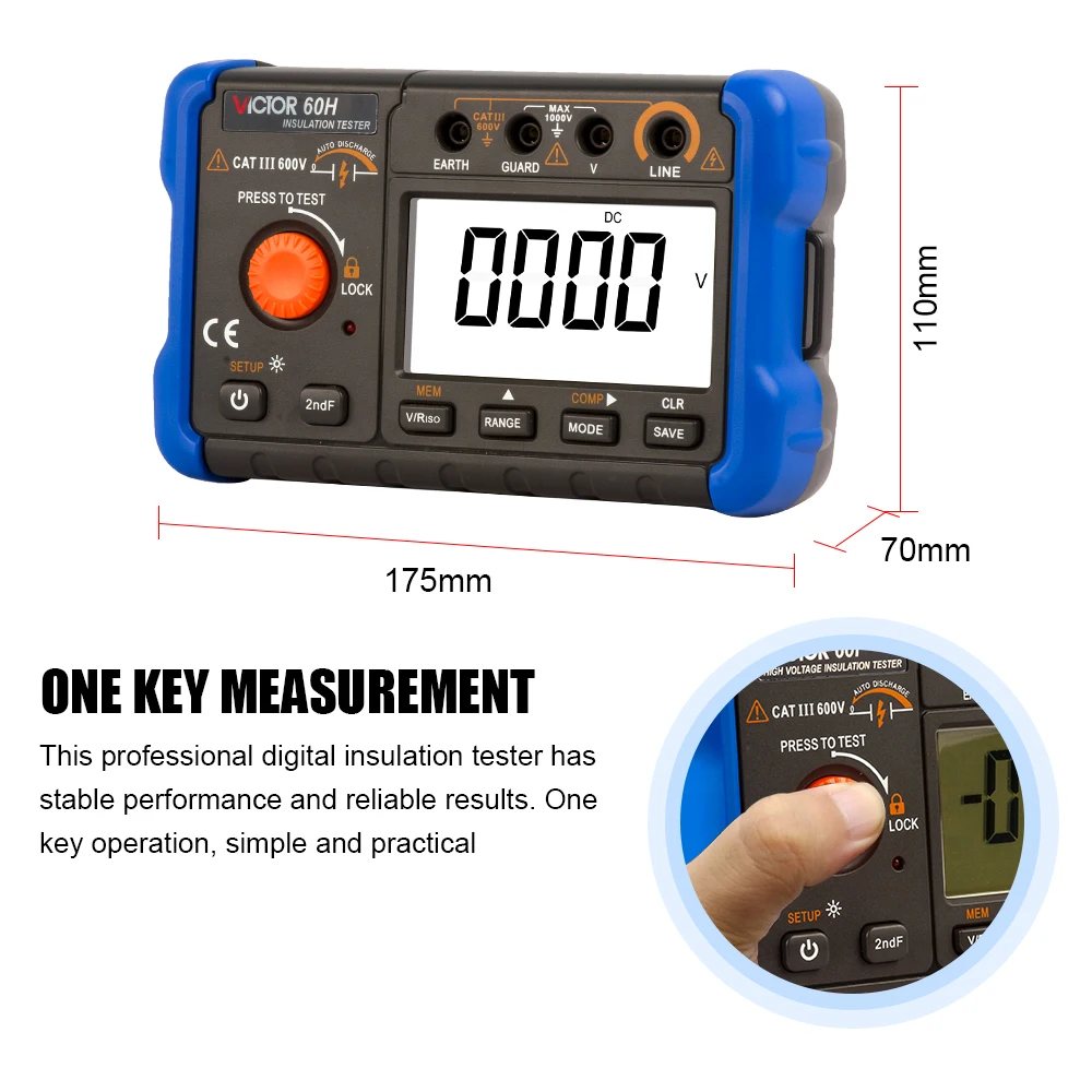 Imagem -03 - Isolamento Resistência Tester Megohmmeter Voltímetro Lcd Ohm Backlight Sobrecarga Digital Terra Terra Resistir Medidor 1000v 20go 500mo