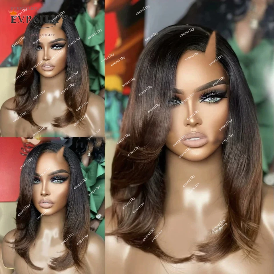 

Ombre Dark Chocolate Brown Short Silky Straight V Part Wig 100% Human Hair Chestnut Blonde Auburn Full U Shape Wigs 250Densit