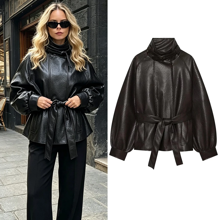 Women Fall Winter Faux Leather Jacket Women High Neck Long Sleeve With Belt Coats Casual Streetwear Outerwear Vintage Lady Top