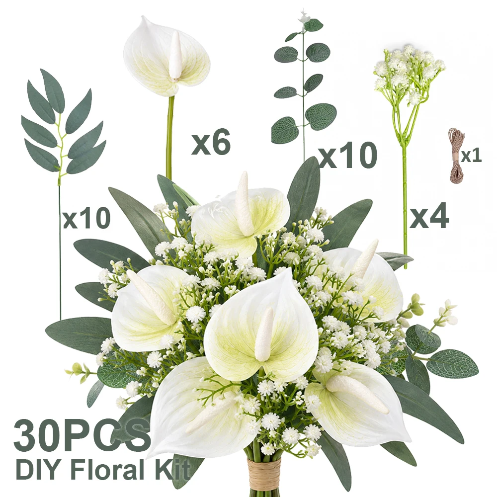 30 pièces de fleurs artificielles, kit de bouquet DIY, anthurium blanc, feuilles d'eucalyptus, gypsophile pour mariage, décoration florale d'intérieur