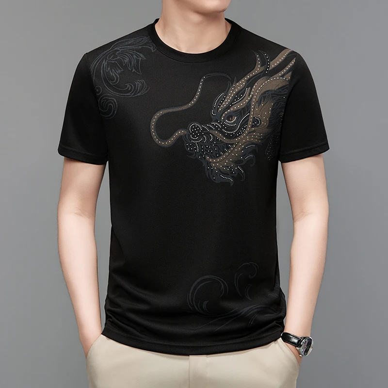 Summer Trendy Dragon Pattern Hot Drill Printing Round Neck Short-sleeved T-shirt for Men Designer Style New Casual Versatile Top