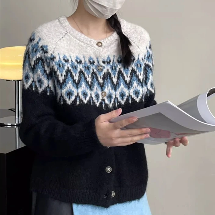 

spring autumn color matching Knitted Sweater Loose Crew Neck korean casual Sweaters Women vintage printing Short Cardigan jacket