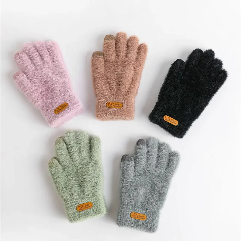 Knitted Gloves Winter Warm Thick Screen Fur Gloves Solid Mittens for Mobile Phone Tablet Pad Women\'s Cashmere Wool Glove