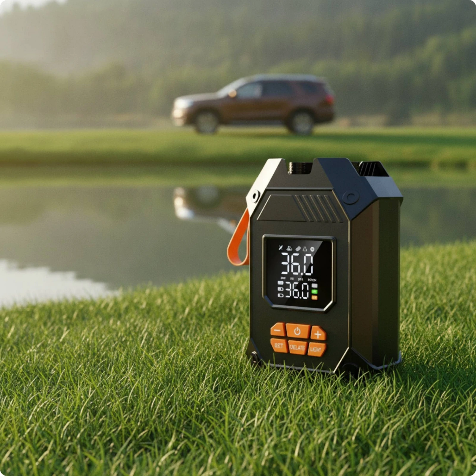 Portable Air Pump with Digital Display Multipurpose Handheld Inflator with Flexible Hose for Campers, Camping, Beach