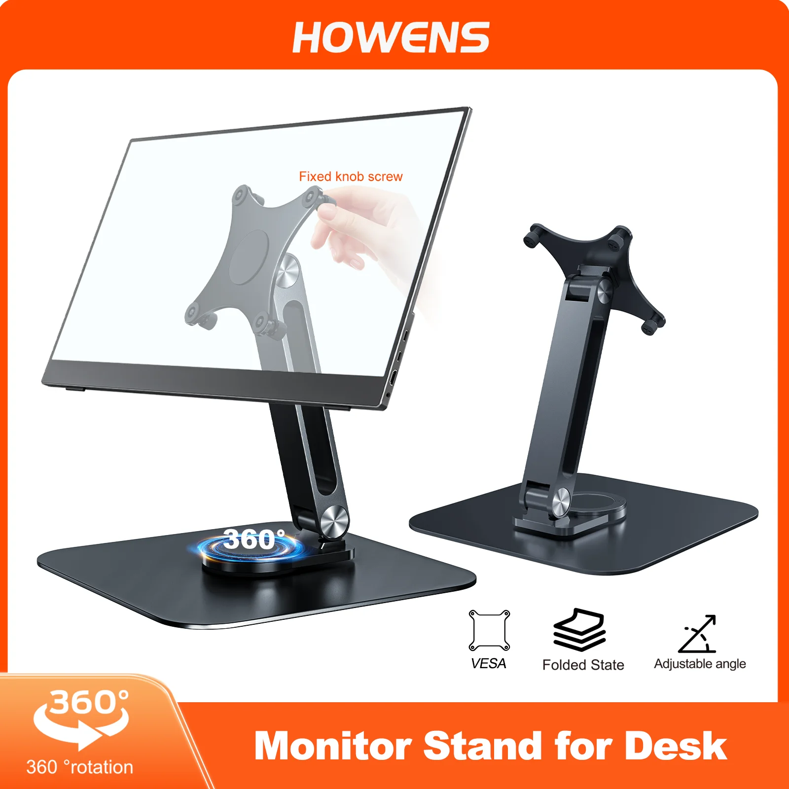 360° Stand for Portable Monitor VESA 75MMX75MM Bracket Aluminum Alloy Desktop Holder 3KG Load Capacity Ultra Stable for Monitor