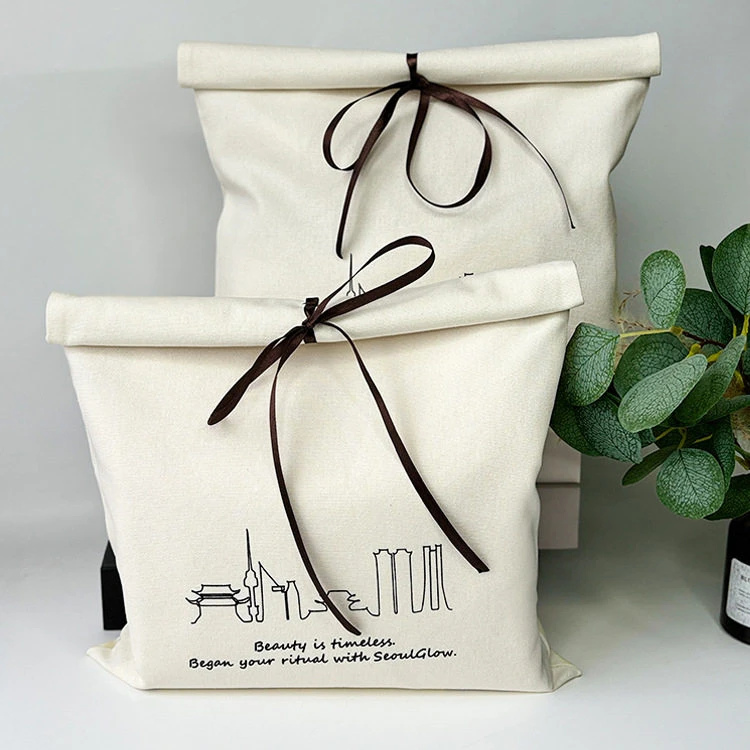 Natural Cotton Roll Top Envelope Pouch Custom Logo Printed Thick Cotton Gift Bag for Jewelry Skincare Clothes Packaging