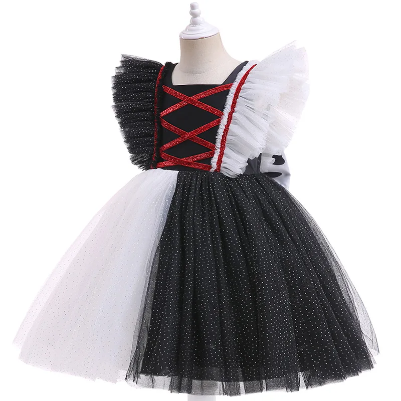 Cruella Costume Dresses for Kid Girls Halloween Black White Evil Witch Cosplay Children Party Clothes Dress Demon Ghosts Costume