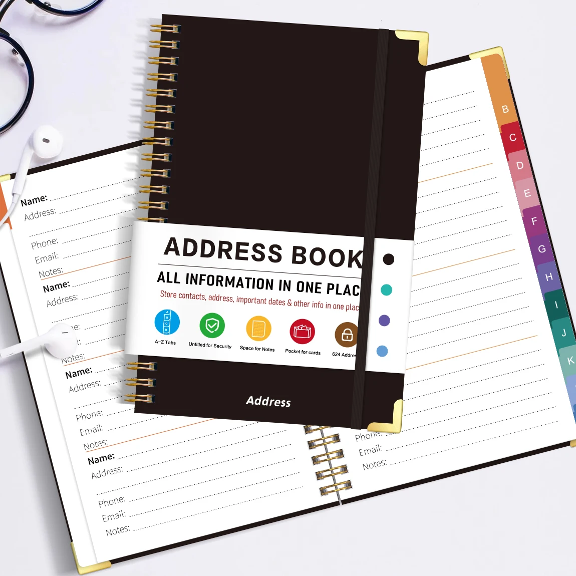 

A5 Address Book with A-Z Tabs, Spiral Hardcover Contact Organizer, Elastic Band, Pocket & Notes Pages, Black