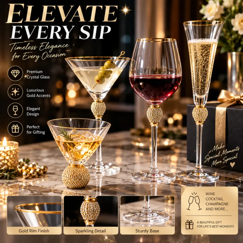 Luxury Crystal Wine Glass Gold Rim, Rhinestone Stem Champagne Flute Martini Cocktail, Cup Wedding Party Home Bar Decor, Gift Set