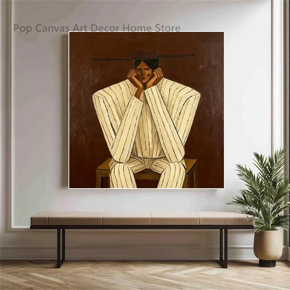 hand-painted-mid-century-modern-abstract-figure-oil-painting-geometric-portrait-canvas-wall-art-brown-beige-home-decor