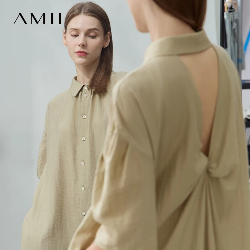 AMII Khaki Lose Bequemes Kleid Einfache 2025, Sommer Berufung Leinen Büro Dame Tropfen Schulter Faul Hohl Frauen Kleid 12542188