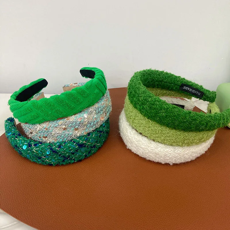 Green-style French small fragrant wind coarse woolen wide headband sponge headband retro Korean version of   hair accessories