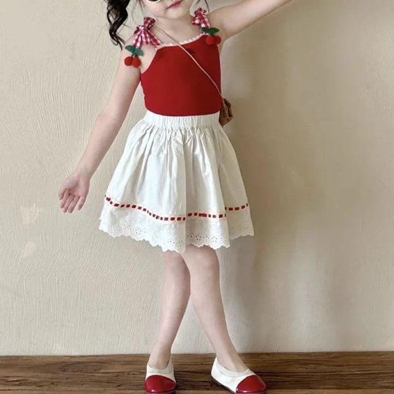 Sweet Cute Summer New Girls Sling Contrast Color Spliced Bow Sleeveless Slim Elastic Hollow Out Bright Line Decoration Skirt Set