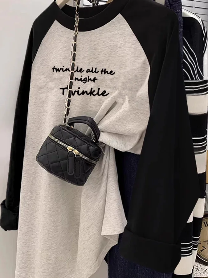 Early Autumn Long Sleeve Loose Women's T-shirt Shoulder Insert Design Base Layer Shirt Color Block Korean Style Casual Top