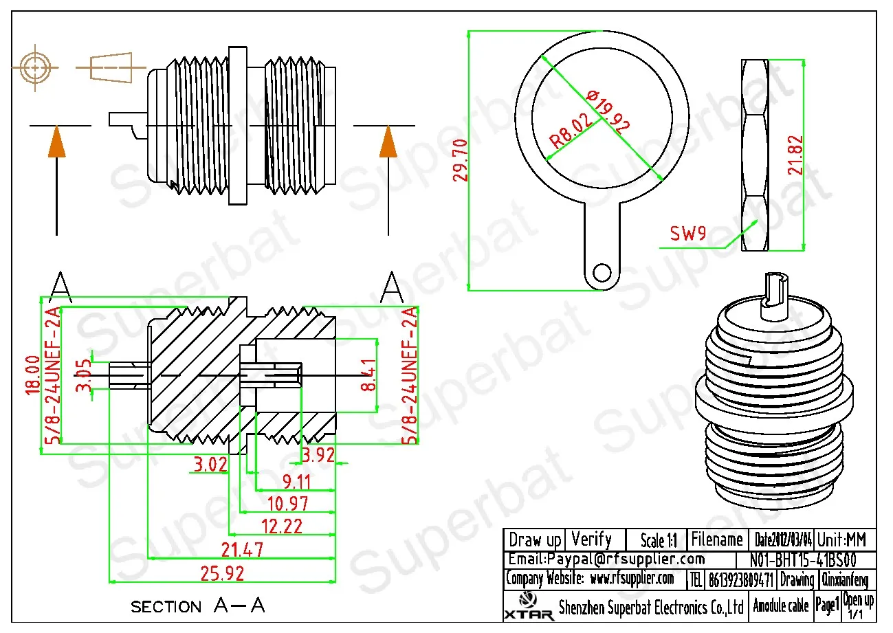 Mampara hembra de montaje frontal tipo N Superbat con conector Coaxial RF recto de copa de soldadura