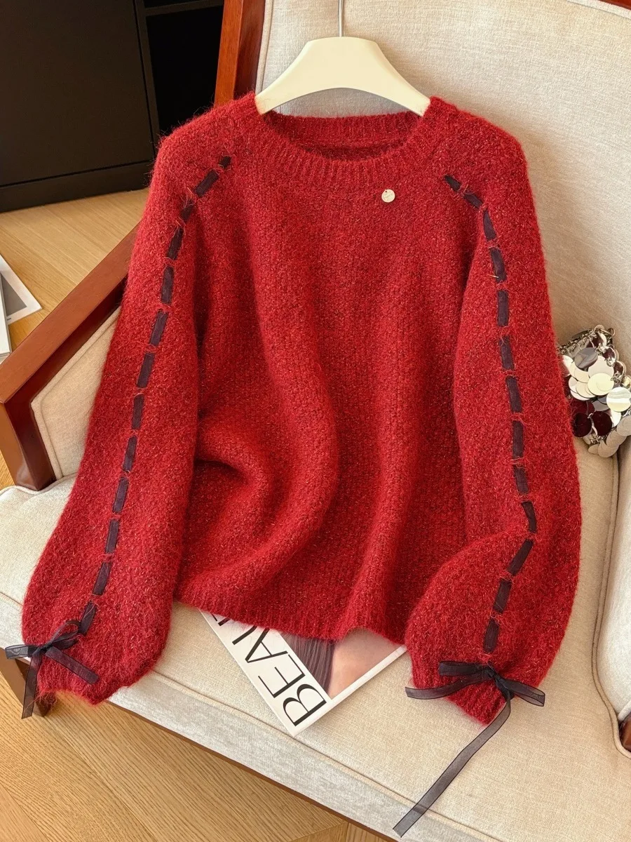 Pull tricoté chaud avec noeud Design vêtements d'extérieur coupe ample pour les femmes automne hiver 2025 nouveau Sle trajet Sle Poly...