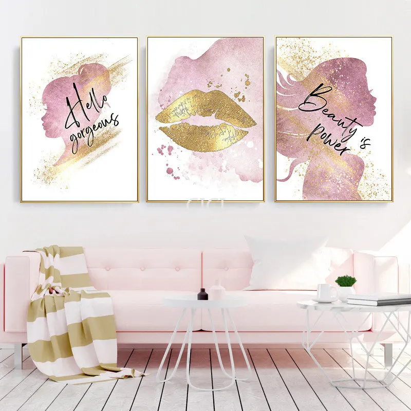 Canvas Painting Lipstick Mascara Fashion Gold Lips Makeup Wall Art Beauty Salon Decoration Girl Room Home Wall Decor