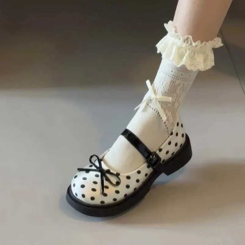 Sweet Polka Dot  Knot Mary Jane Women's Thick Heel Single Shoes Spring Summer New Style School Style Flat Footwear