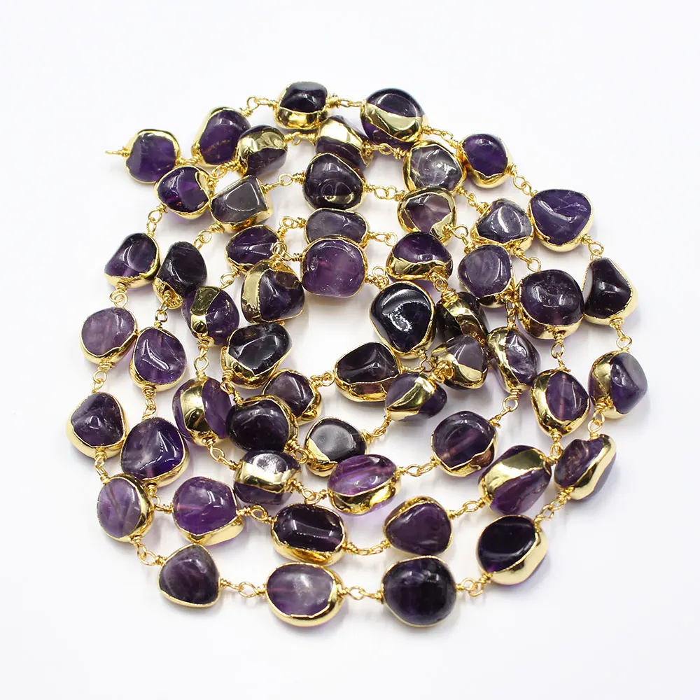 

1 Meter 10mm Natural Amethyst Gold Plated Copper Fashion Bezel Set Chain Paperclip Neck Chain Pearl Necklace Making DIY