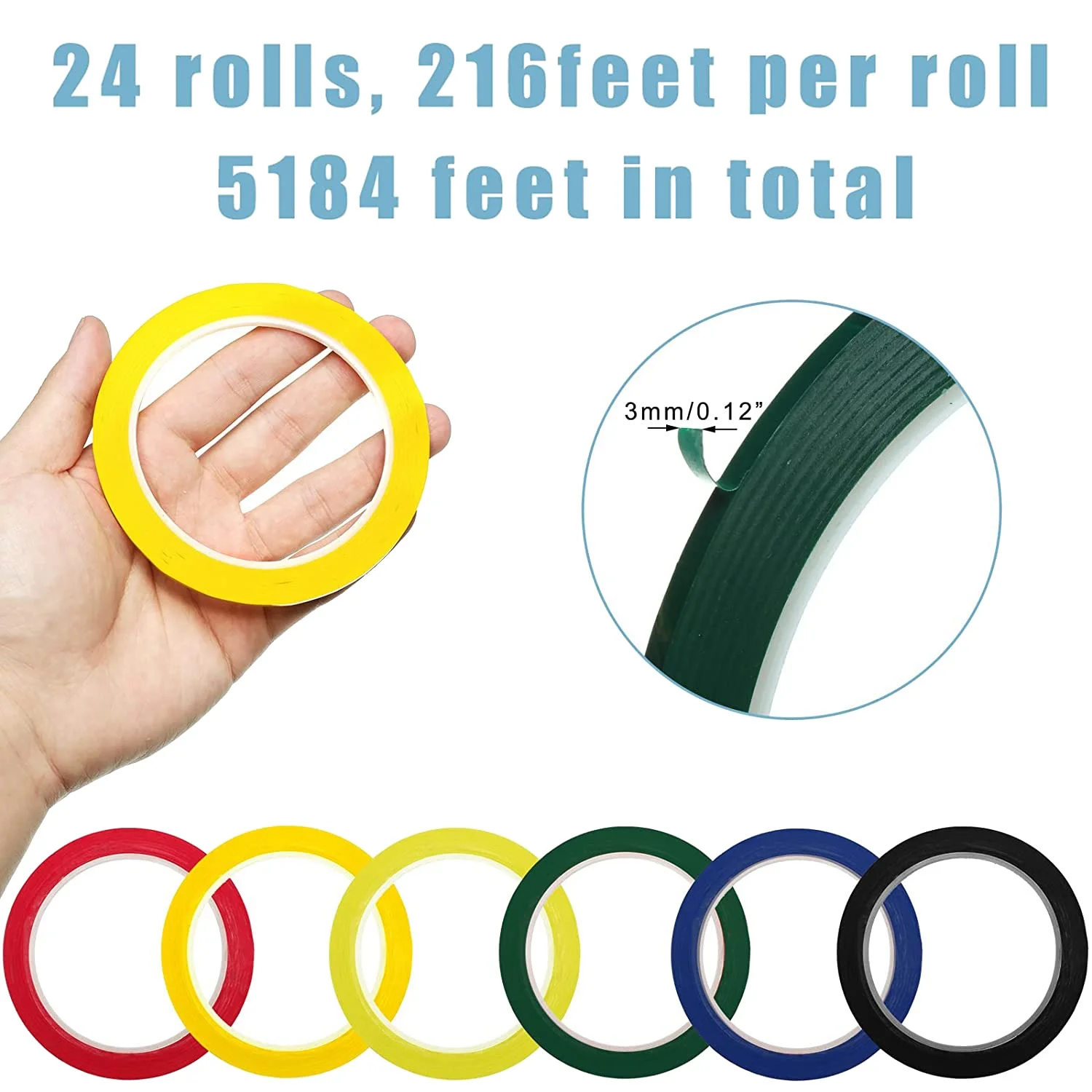 24 Rolls Whiteboard Thin Tape 216 Feet Per Roll 1/8 Inch Art Graphic Chart Grid Electrical Tape Dry Erase Tape, 6 Colors