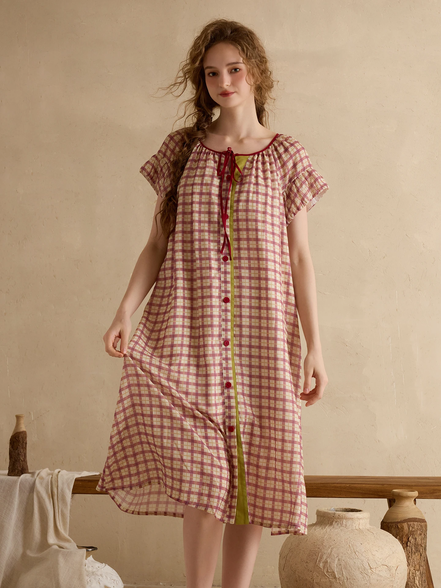 chelnlseey-2026-summer-new-sweet-plaid-short-sleeve-sleepwear-women's-belted-can-be-worn-outside-home-clothes-leisure-home-scene