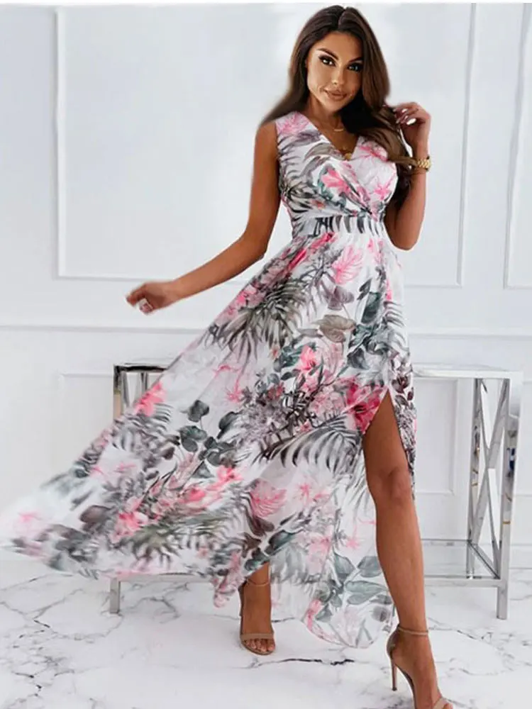 

Summer Flower Print Long Dress Women Sexy Sleeveless Chiffon Slit Floral Elegant Boho V Neck Party Maxi Dresses Vestidos