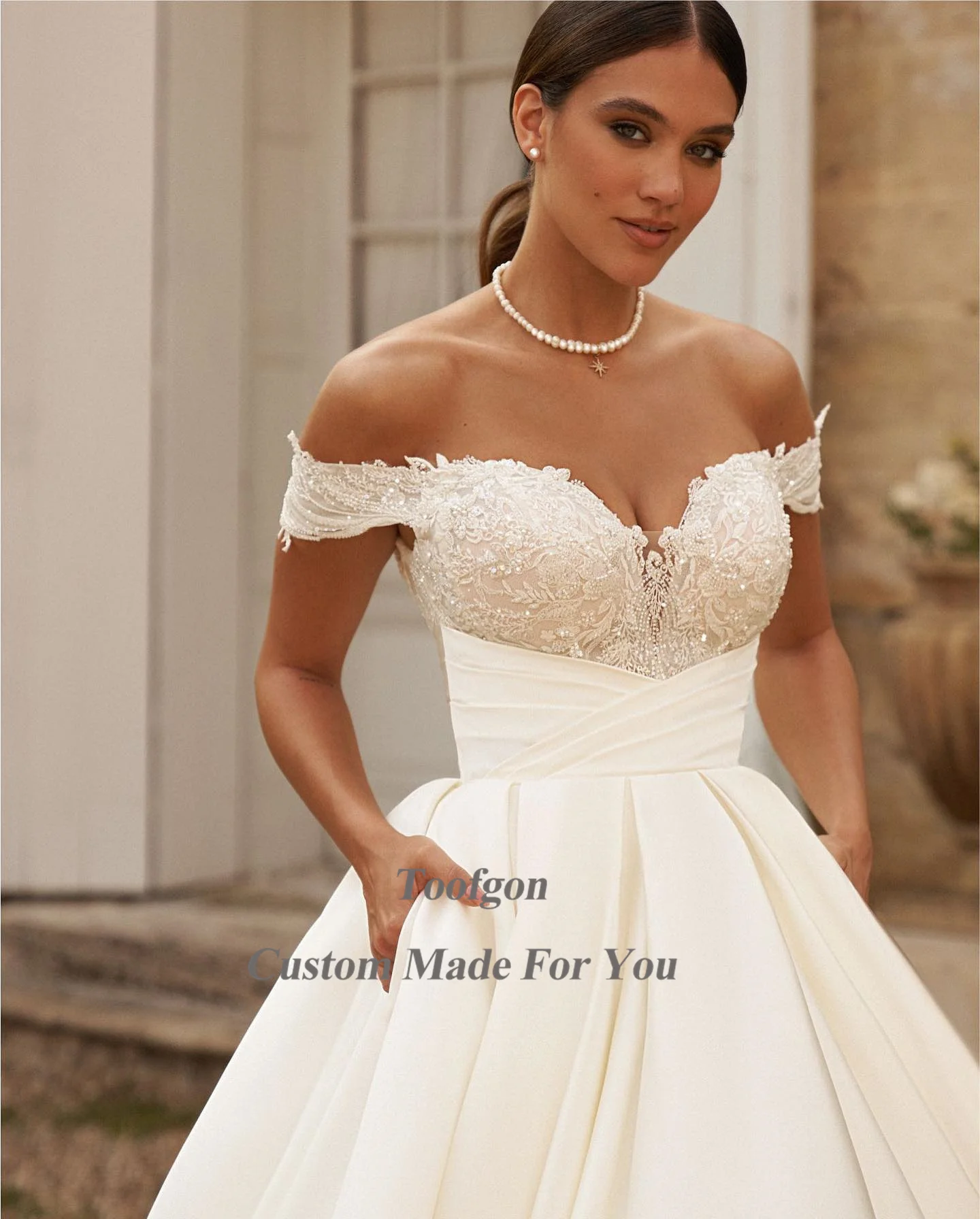 Toofgon-Robes de mariée en satin ligne A pour la fête de la mariée, manches longues, appliques chable, dentelle, princesse, patients, quoi que ce soit avec poches