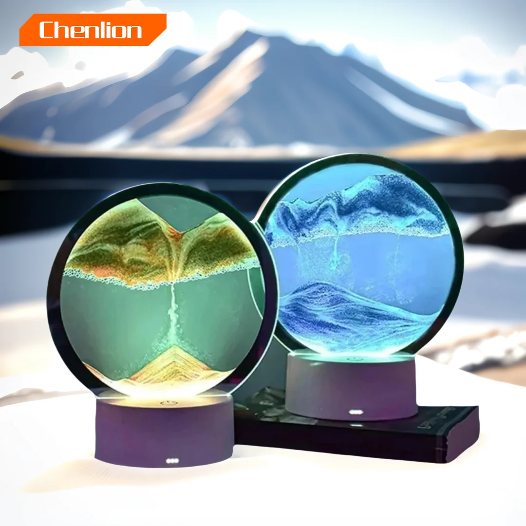 Bedroom Display Moving Sand Art Picture Round Glass Sand Painting Led Light 3D Sandscape Hourglass for Christmas Party