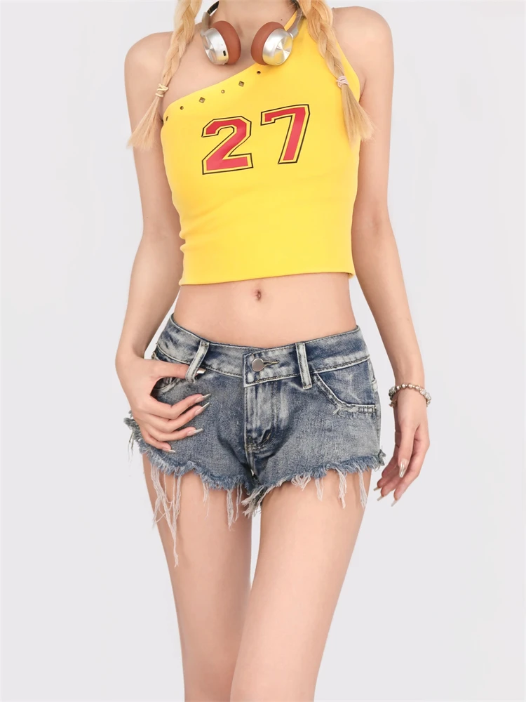 

Summer Women's Edge Design Blue Sexy Denim Shorts Cool Girl Street Mini Trousers Female Fashion Wide Leg Triangle Pants