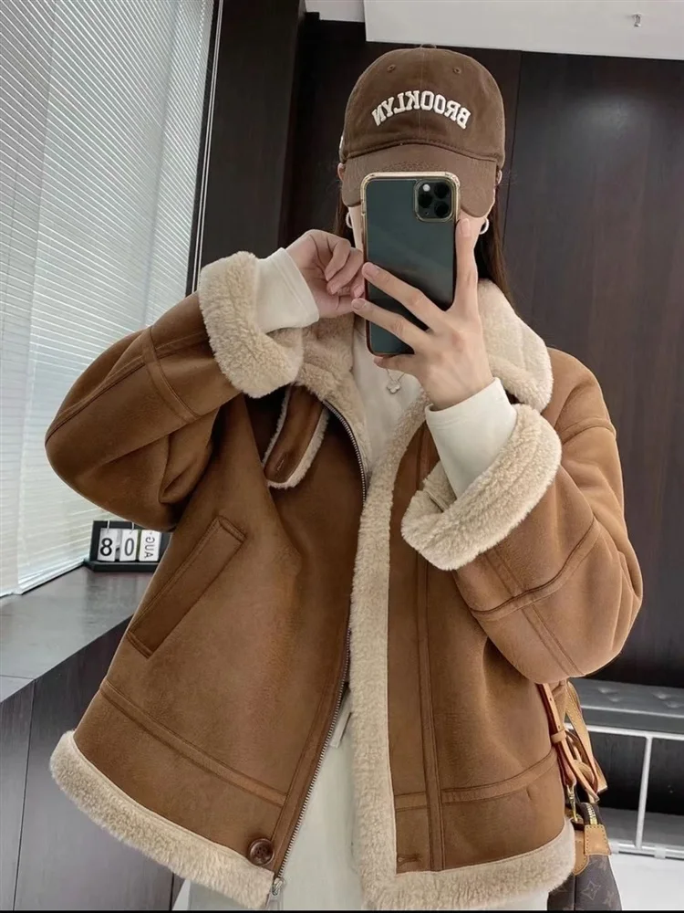 

Vintage Winter Thickened Sherpa Shearling Jacket Women Caramel Brown Faux Suede Moto Coat Short Cropped Warm Fur Lined Jacket