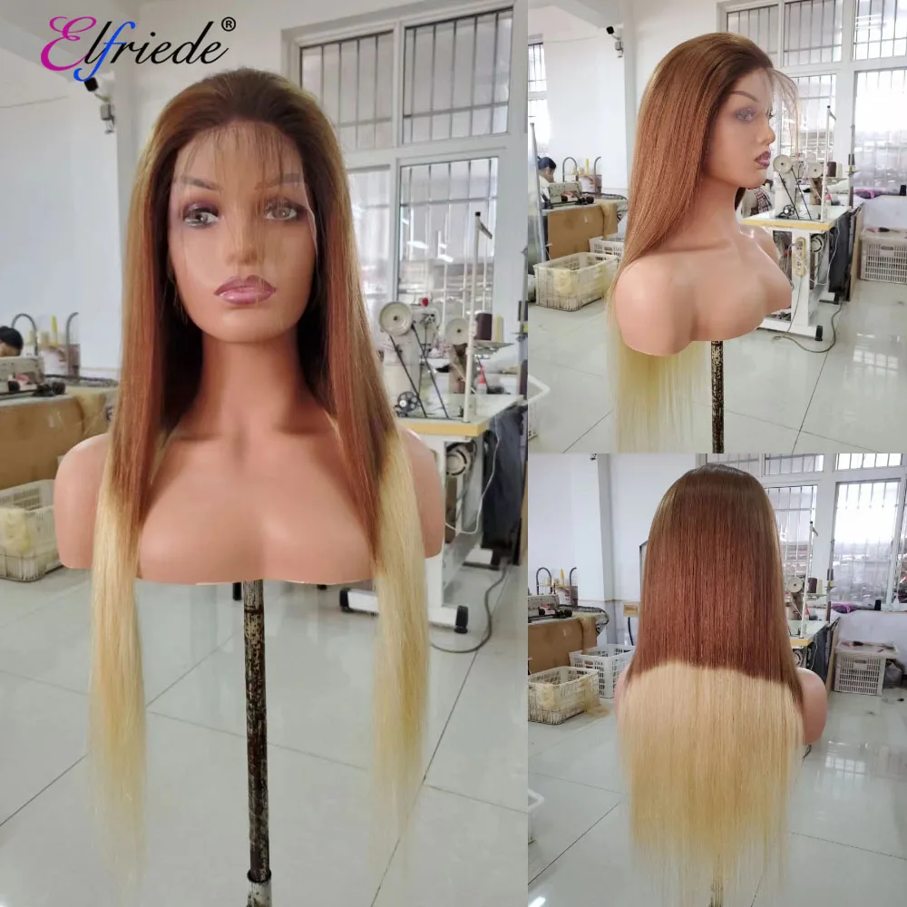 Perruque Lace Front Wig Remy naturelle lisse-Elfriede, brun blond ombré # T30/613, 4x4 13tage 13X6 HD, pour femmes