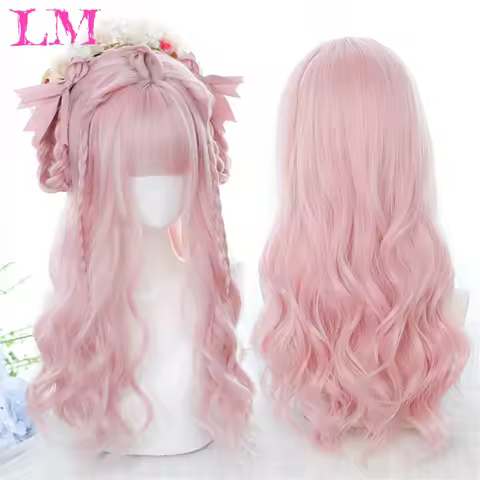 LM Synthetic Long Curly Wavy Lolita Wig with Bangs Natural Black Purple Pink Multiple Colour Hair for Women Cosplay Anime Wig