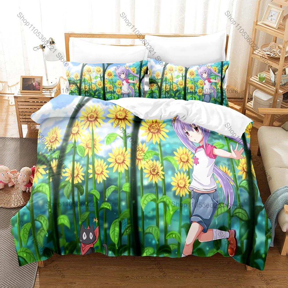 Cute Countryside Anime Non Non Biyori Duvet Cover + 2 Pillowcases, Asahigaoka Village Design Bedding Set All Season Use for Fans
