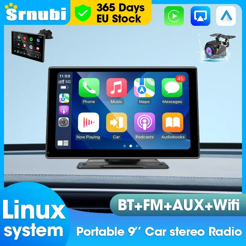 Srnubi 9inch Portable Wireless Carplay  Android Auto Car Radio Bluetooth GPS Navigation FM AUX Car Multimedia Player