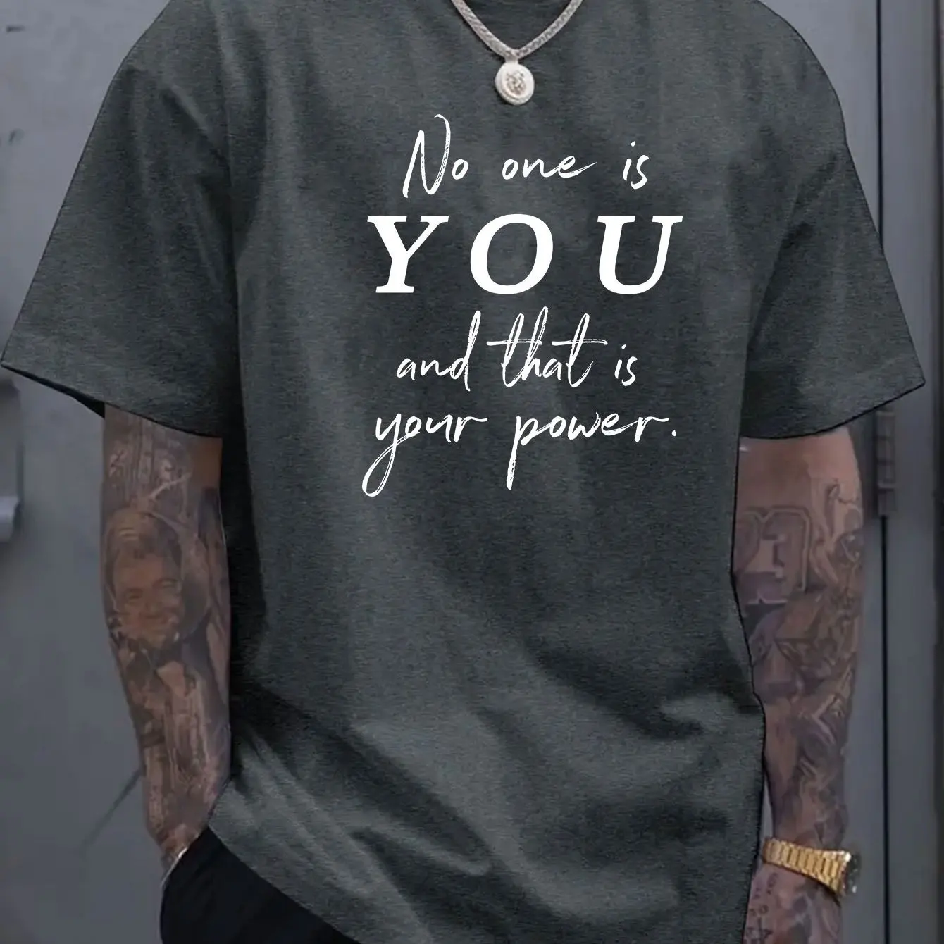 No One Is You That's Your Power Men Round Neck Short Sleeved T-shirt with Letter Pattern Printing Simple and Fashionable T-shirt