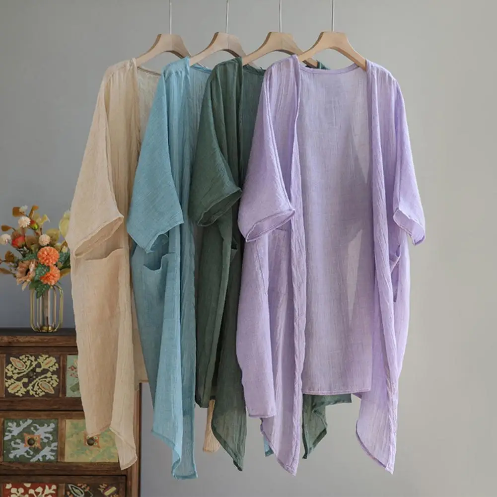 

Linen Cardigan Summer Mesh Sheer Ultrathin Women Shawl Cardigan Blouse Irregular Hem Open Front Sunscreen Shawl Jakcet Shirt