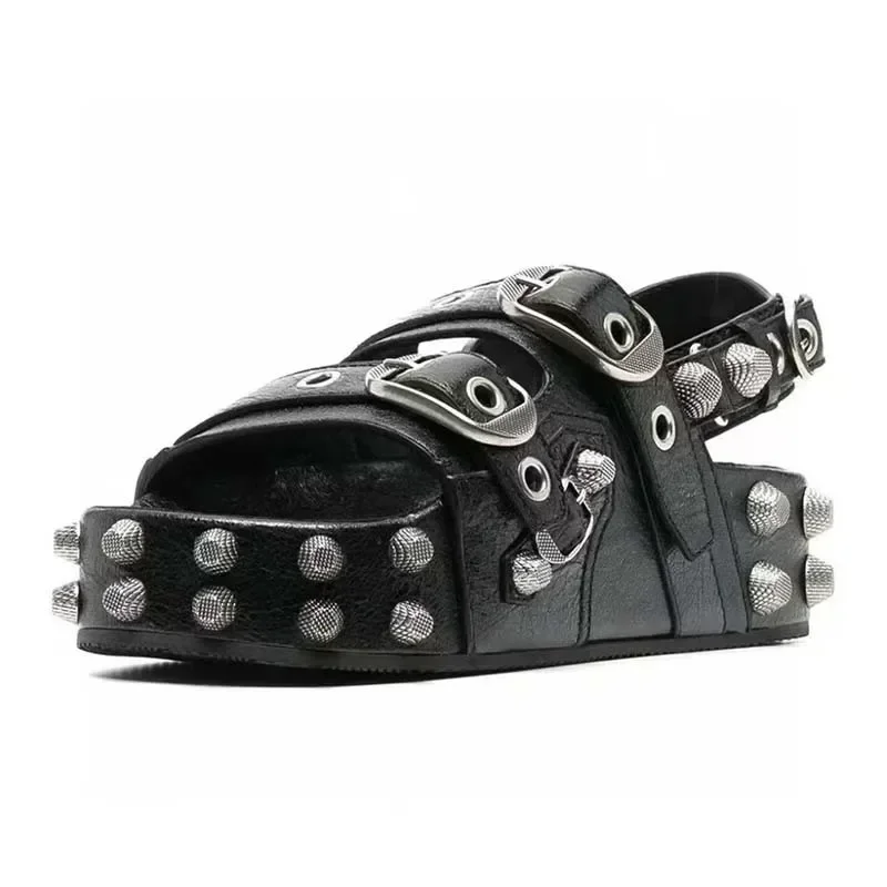 New Hollowed Out Spring And Summer European And American New Versatile Belt Buckle Rivet Sponge Cake Thick Sole Punk Sandals