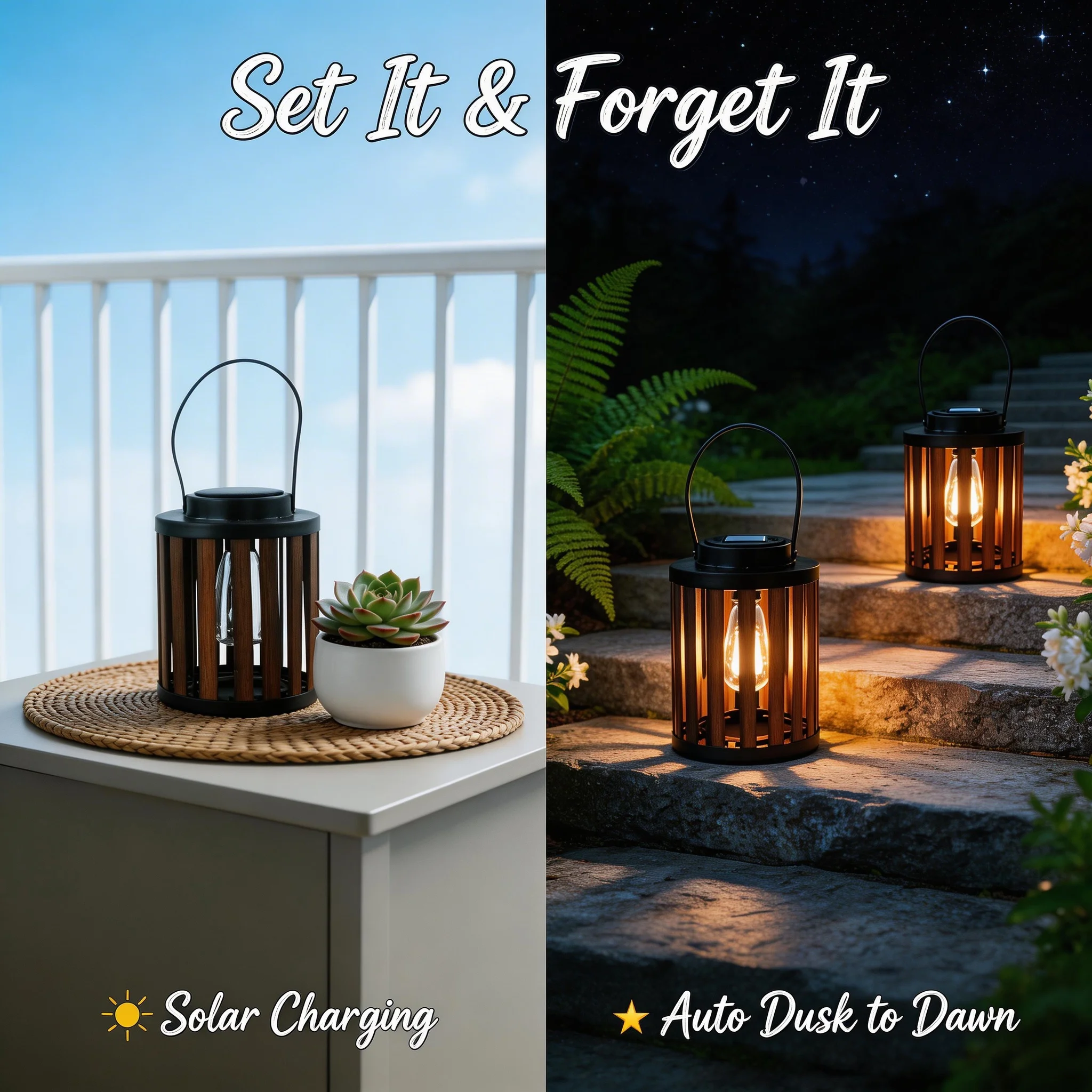 2 Pack Solar Lanterns Outdoor Waterproof Hanging Solar Powered Table Lamps Wood Grain Metal Frame LED Dusk to Dawn Auto On Off 8-12H Soft Glow Portable for Patio Garden Porch Indoor Decor