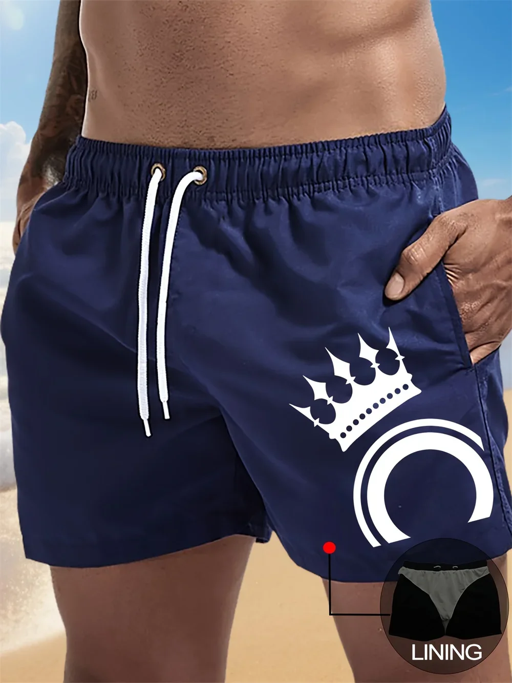 

Новинка: Мужские пляжные шорты с принтом короны, быстросохнущие, для плавания, повседневные, с завязками, летние, для серфинга