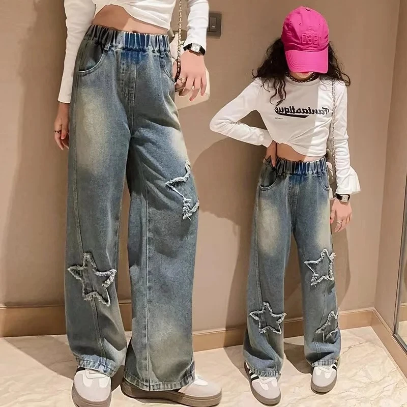 

Girls Spring and Autumn New Style Fashionable and Western-style Straight Leg Wide Leg Pants Childrens Versatile Pants Trend 12T