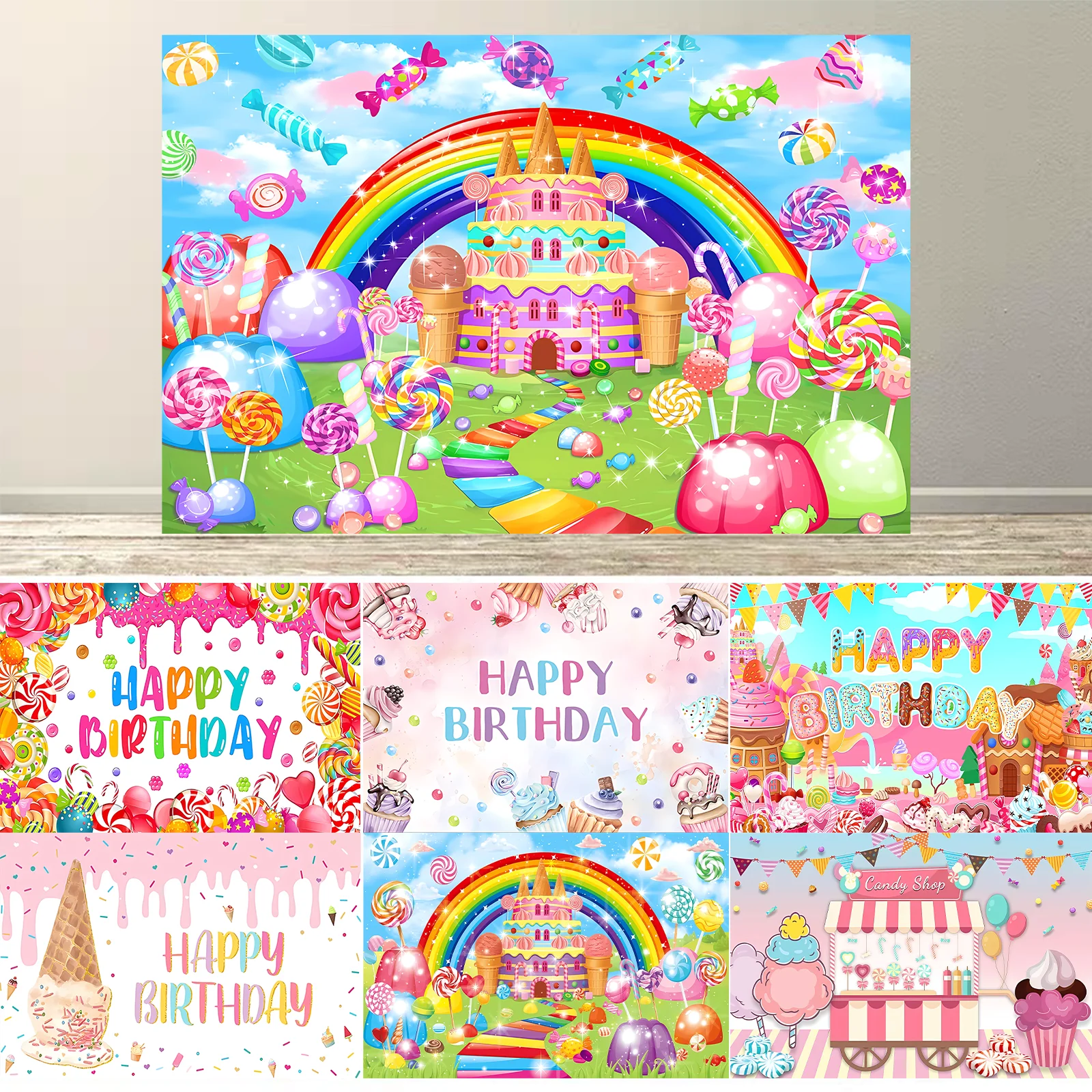 

Donut Ice Cream Candy Photography Background Birthday Party Decoration Cake Table Banner Children Party Decoration Banner