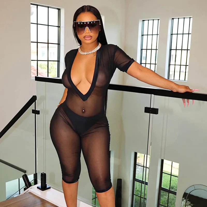 Sexy Deep V See-through Short Sleeve Onesie European And American Fashion Ladies 2024 New Style Transparent Short Pants