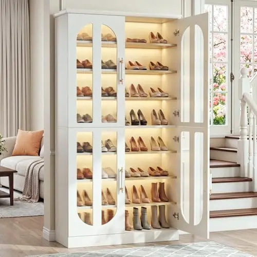 Shoe Cabinet with Acrylic Doors & Dimmable LED Lights, 8-Tier Tall Wooden Shoe Rack Organizer with Adjustable Shelves