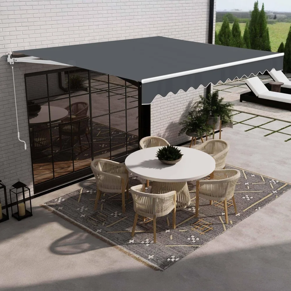 16x10 feet Caribbean Style Electric White Frame Awning, Remote Control Motorized & Manual Crank, Outdoor Shade Canopy