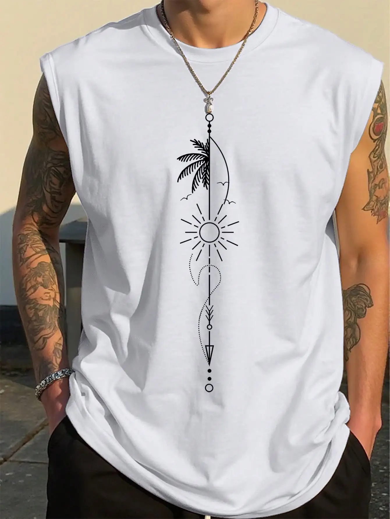 

Men's White Sleeveless Tank Top with Minimalist Sun Palm Graphic Design