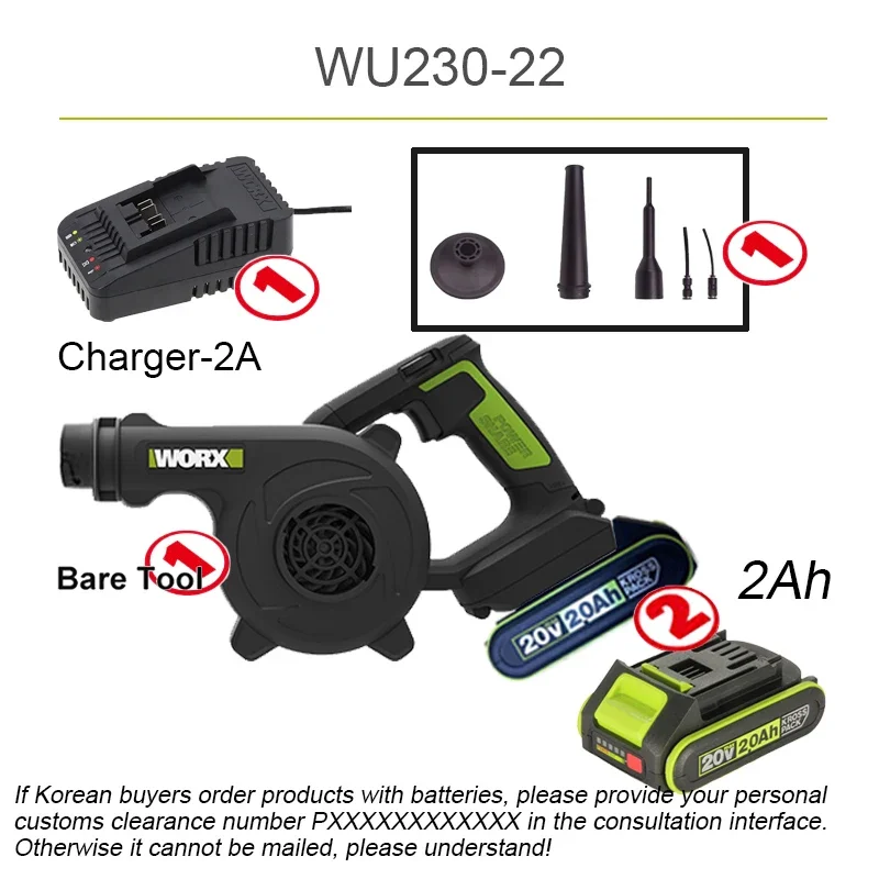 Worx-WU230コードレス緑色ブロワー,最大20v,2.8立方メートル/分,充電式