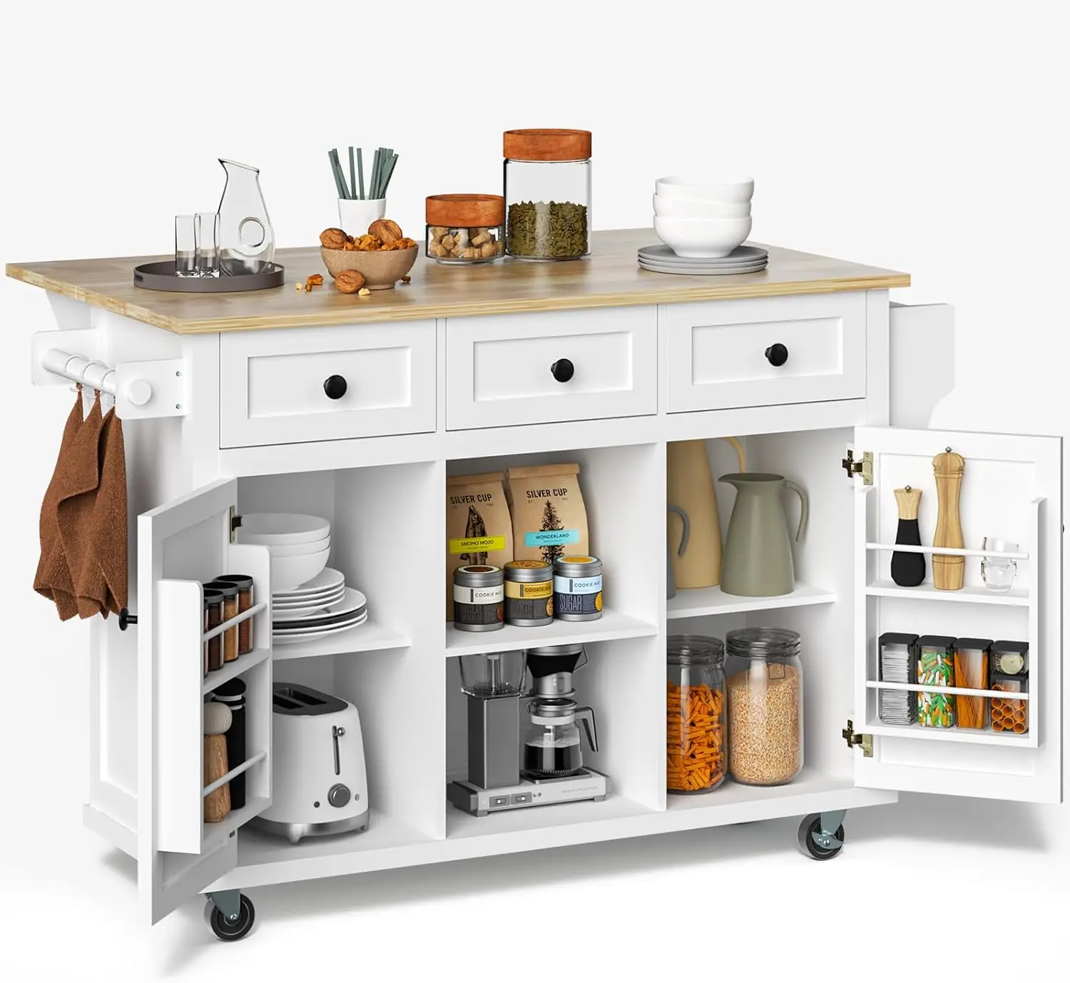 

53-inch Rolling Kitchen Island Cart with Drawers, Solid Wood Mobile Storage Cabinet on Wheels in White