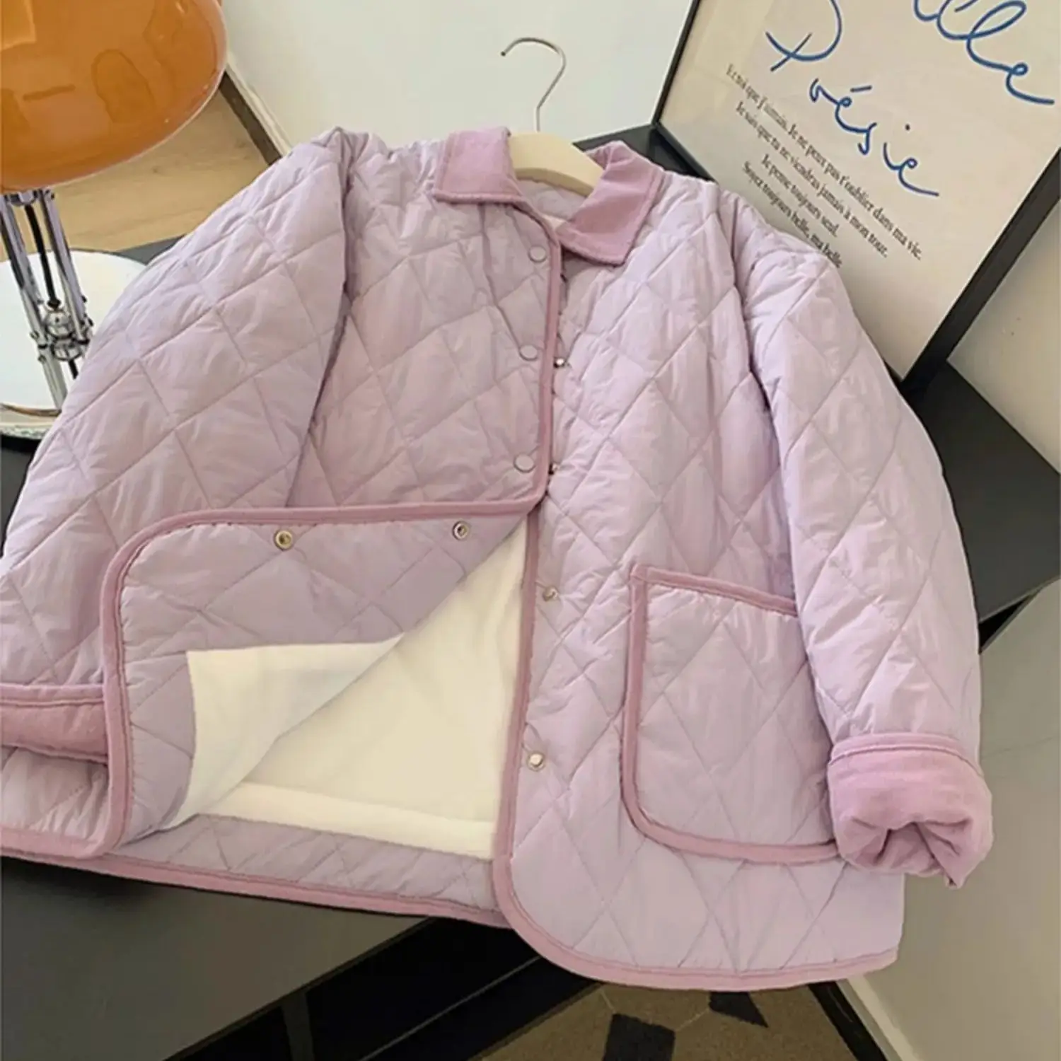 Giacca trapuntata da donna chic con colletto con risvolto viola Autunno Inverno Velluto caldo monopetto Cappotto corto Capispalla femminile