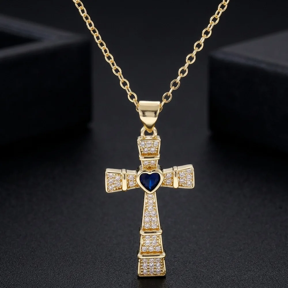 Fashion Cubic Zirconia Cross Pendant Necklace For Women Gold Plated Clavicle Chain Colorful Heart Gem Choker Trendy Lucky Jewelr - view 3