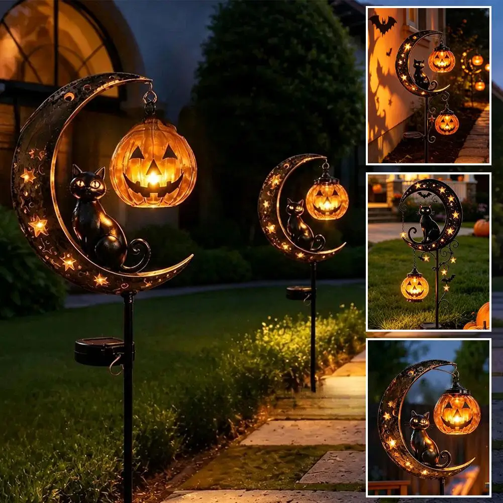 Halloween Schwarze Katze & Kürbis-Mond Gartenleuchte, Gartenlampe Dekoration, Outdoor Wasserdichte Metall-Kürbis-Pfahl-Deko – Detail 4